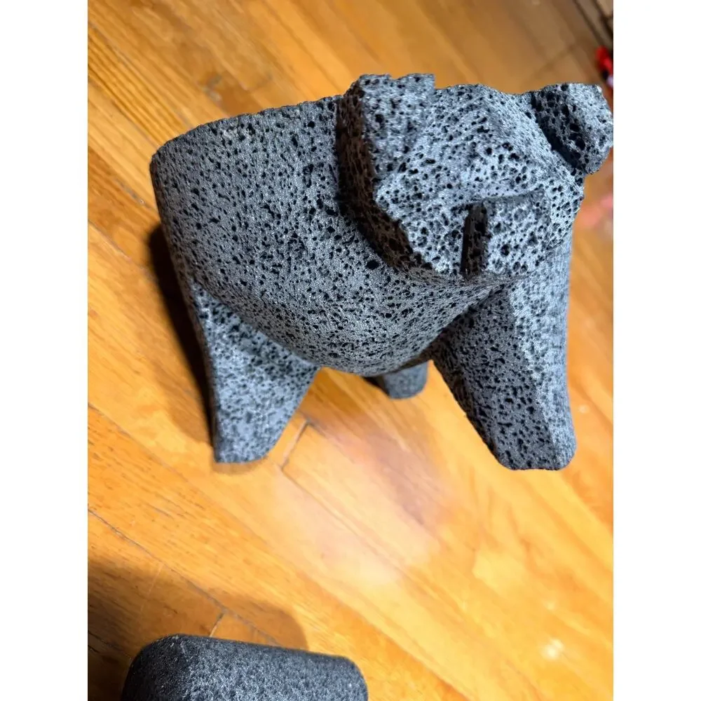 Large Pig-Shaped Volcanic Stone Molcajete Mortar & Pestle – Approx. 9 Inches